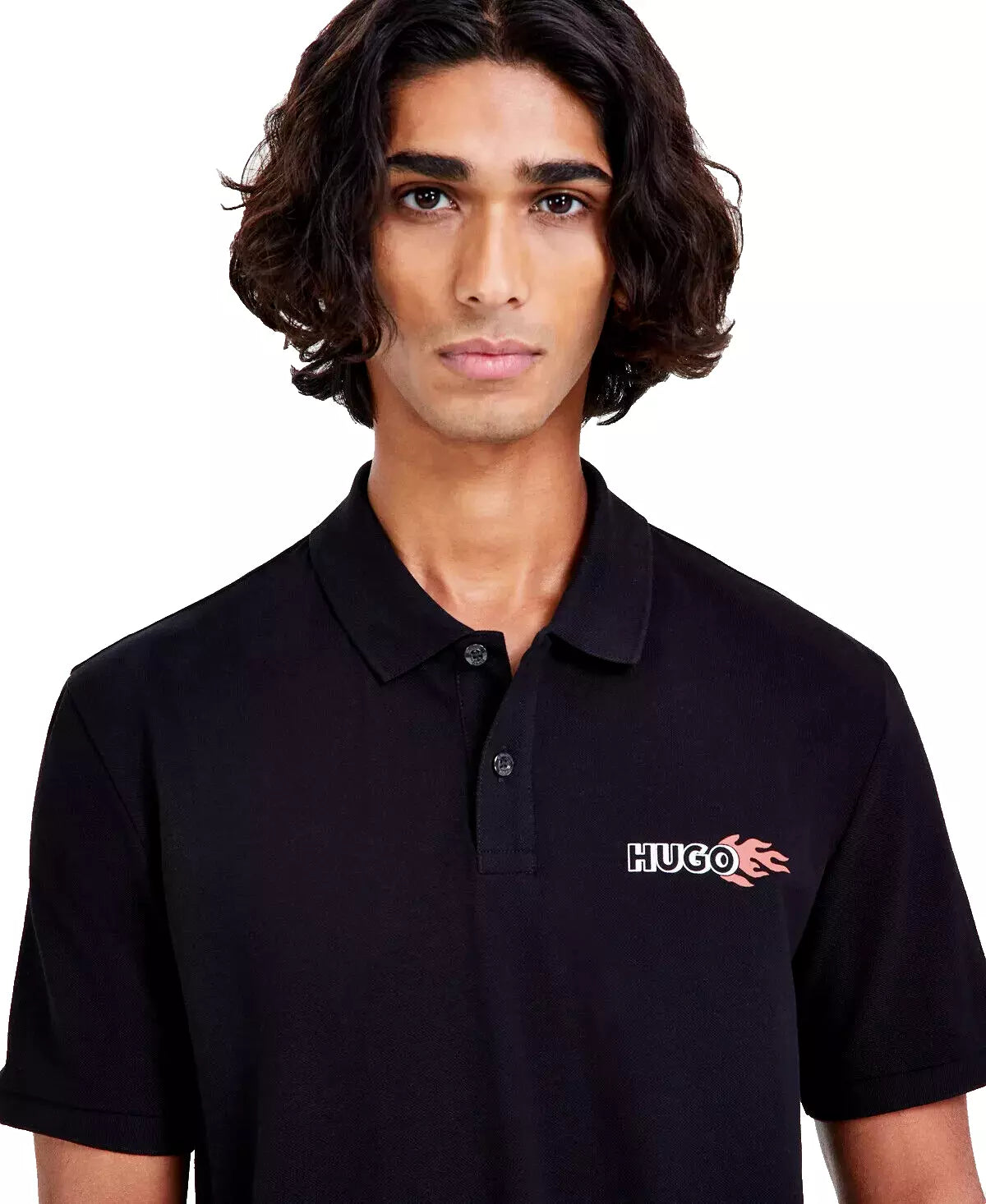 HUGO BOSS Cotton Polo Shirt with Fire Logo in Black - Size M