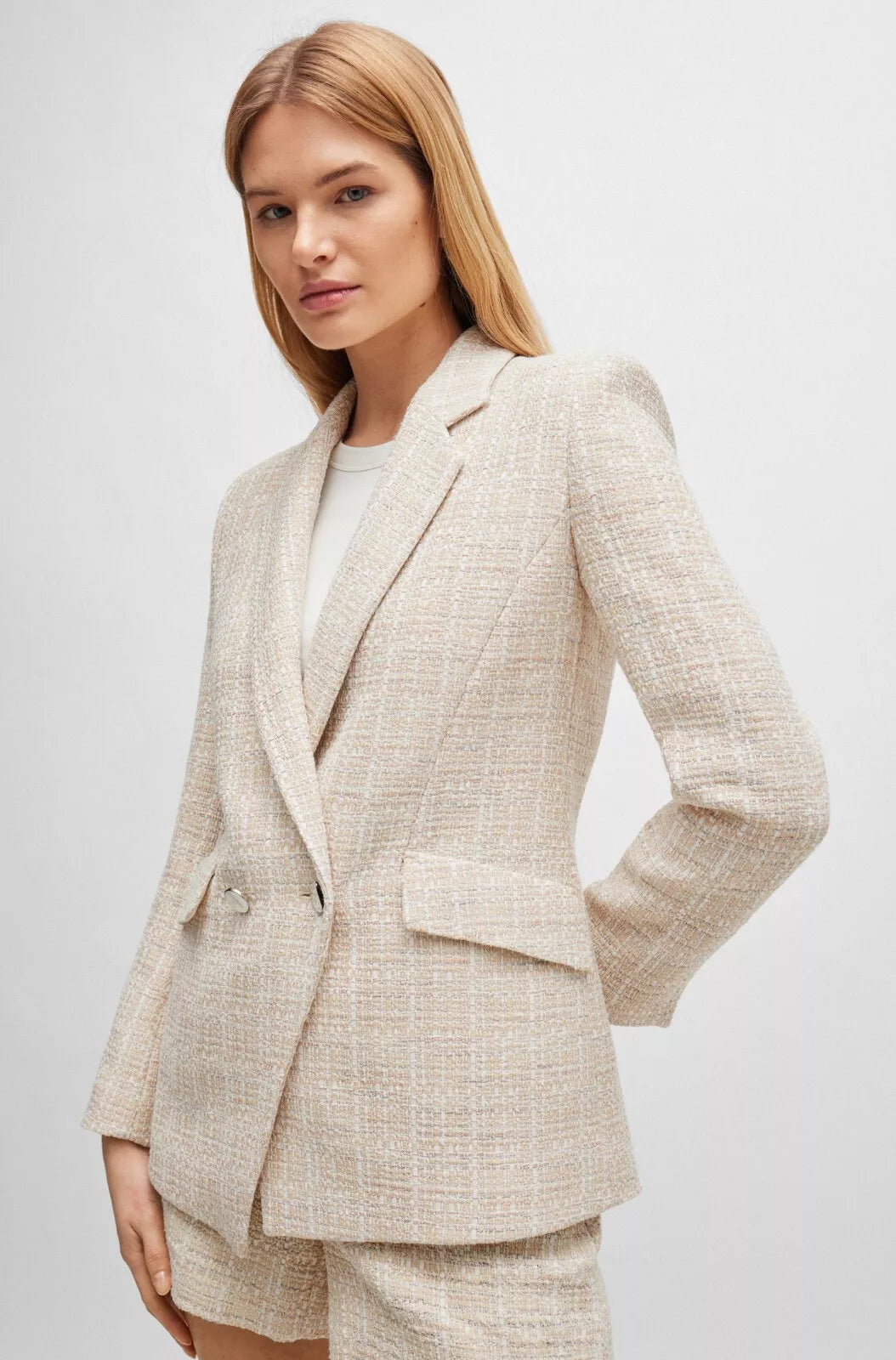 $645 BOSS Women Regular Fit Jacket Blazer in Tweed Beige Pattern - Size 4 / 26