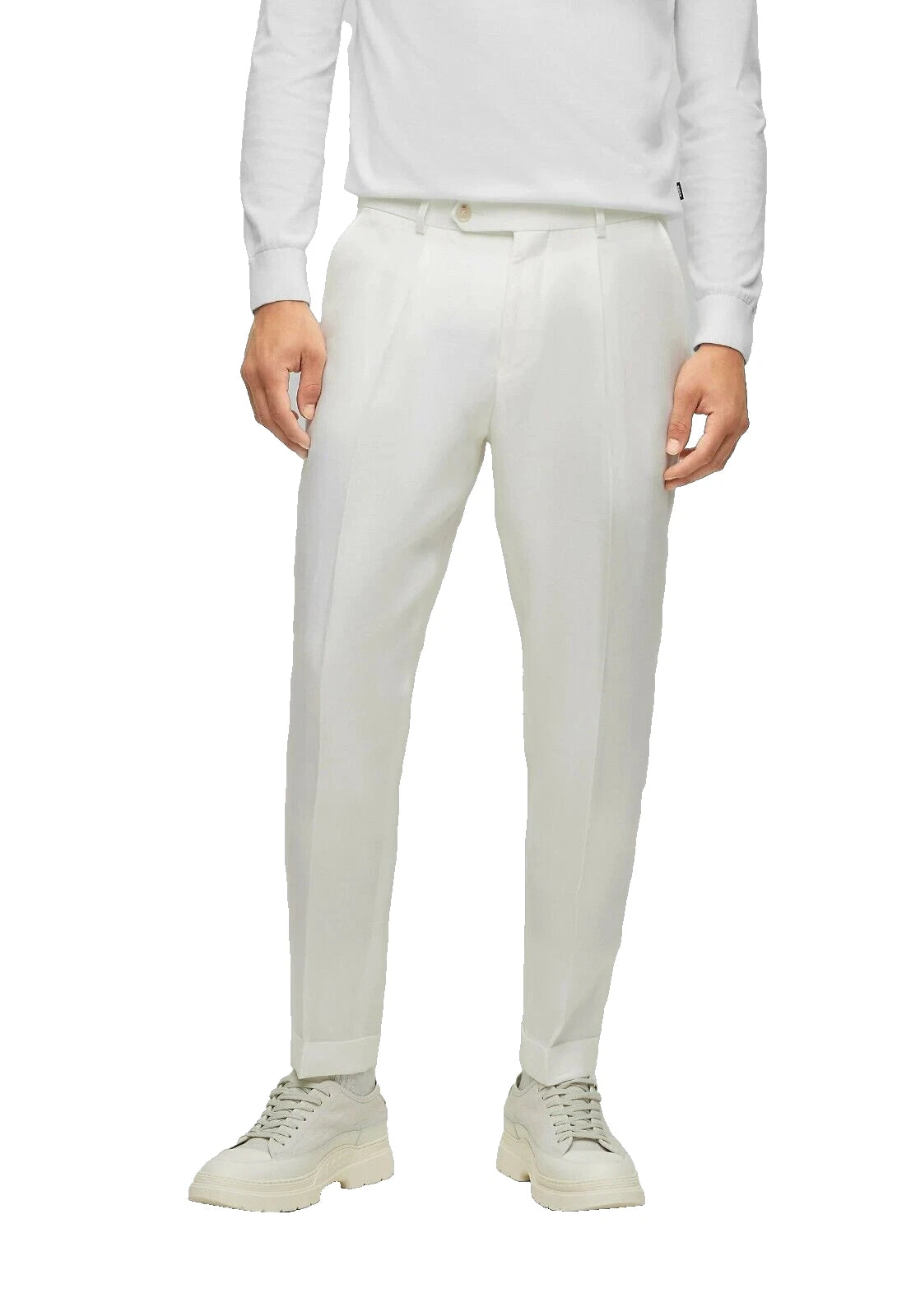 BOSS Luxury Pleated Chinos Pants in White Pure Linen Regular Fit - Size 32R