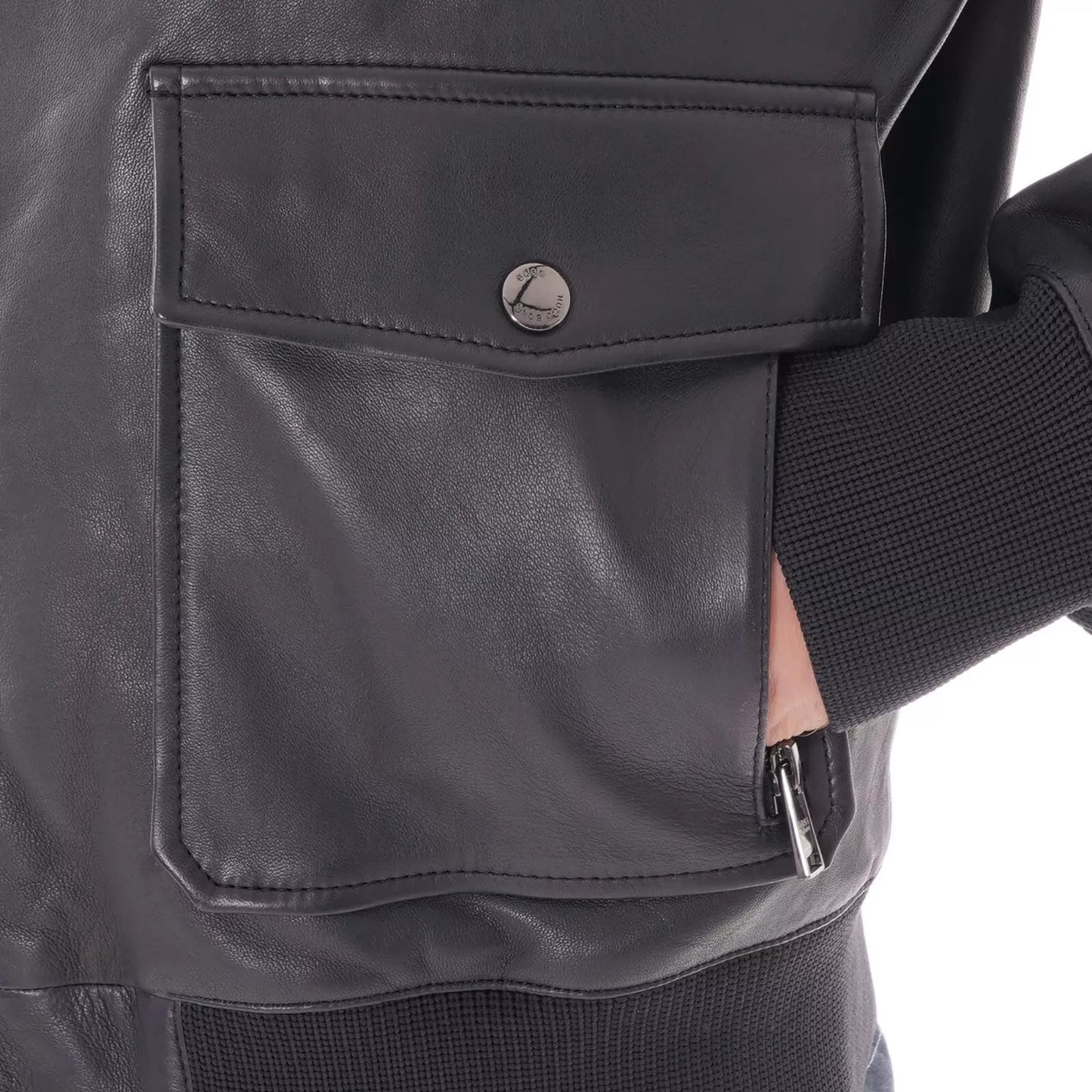 $645 - HUGO BOSS Gonel Leather Flight Jacket Ribbed Trims Regular Fit - Size 38R