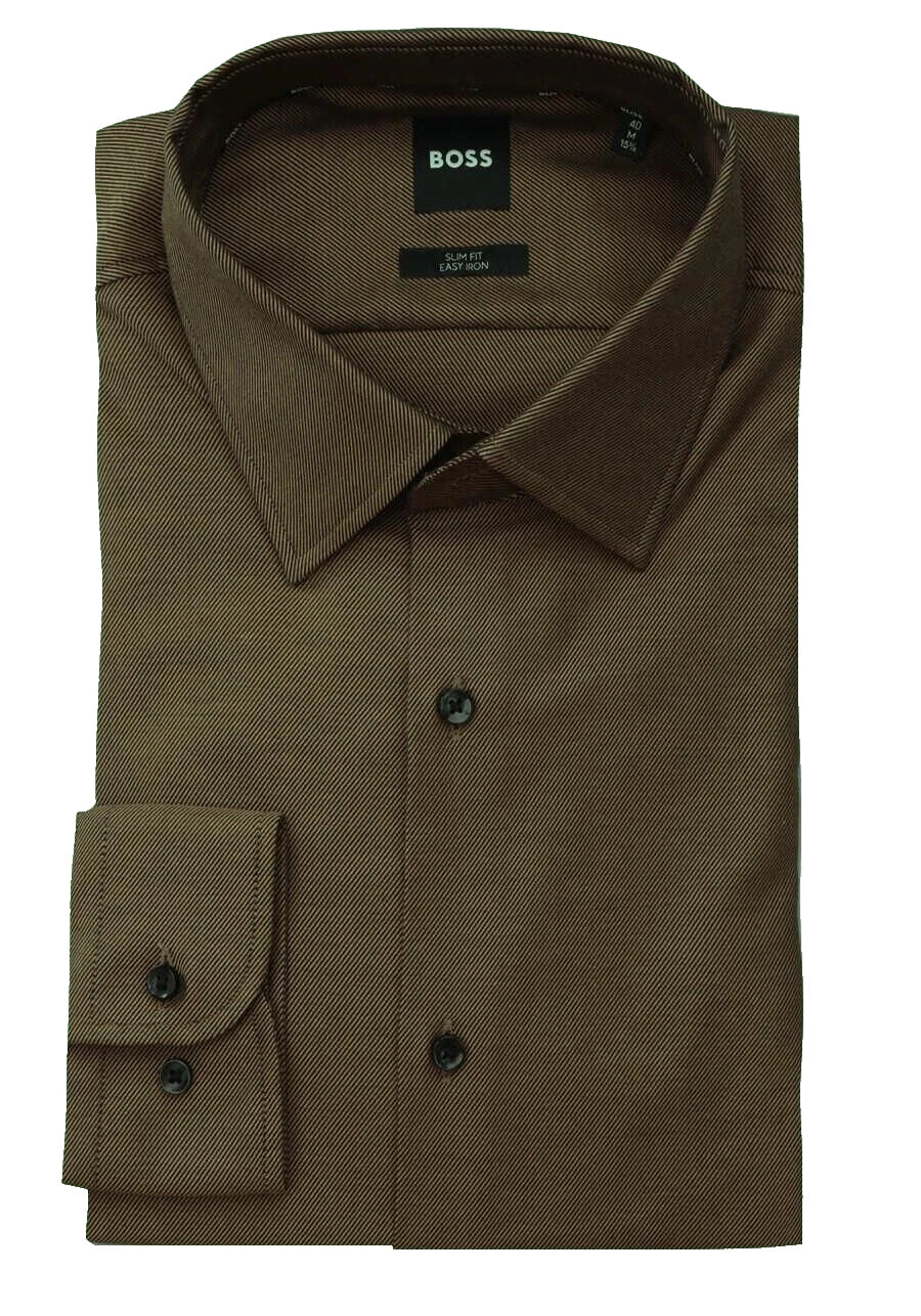 BOSS Slim Fit Dress Shirt Easy Iron Stretch Cotton Twill Brown - Size 15.7 / 40