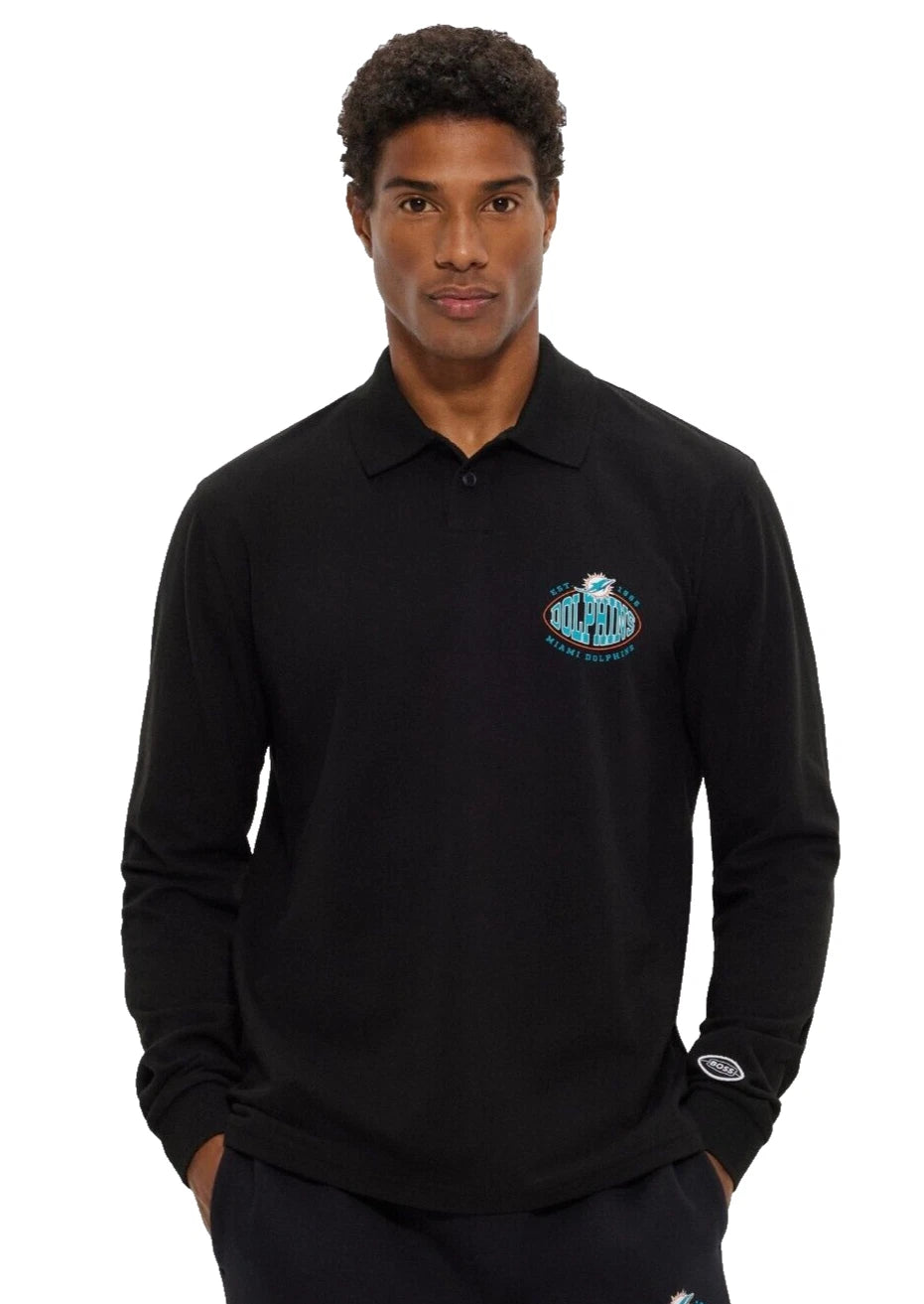 BOSS X NFL Sport Miami Dolphins Long Sleeve Cotton Polo Shirt in Black - Size M