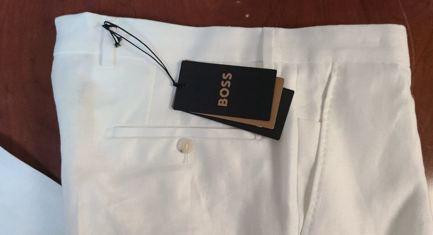 BOSS Luxury Pleated Chinos Pants in White Pure Linen Regular Fit - Size 32R
