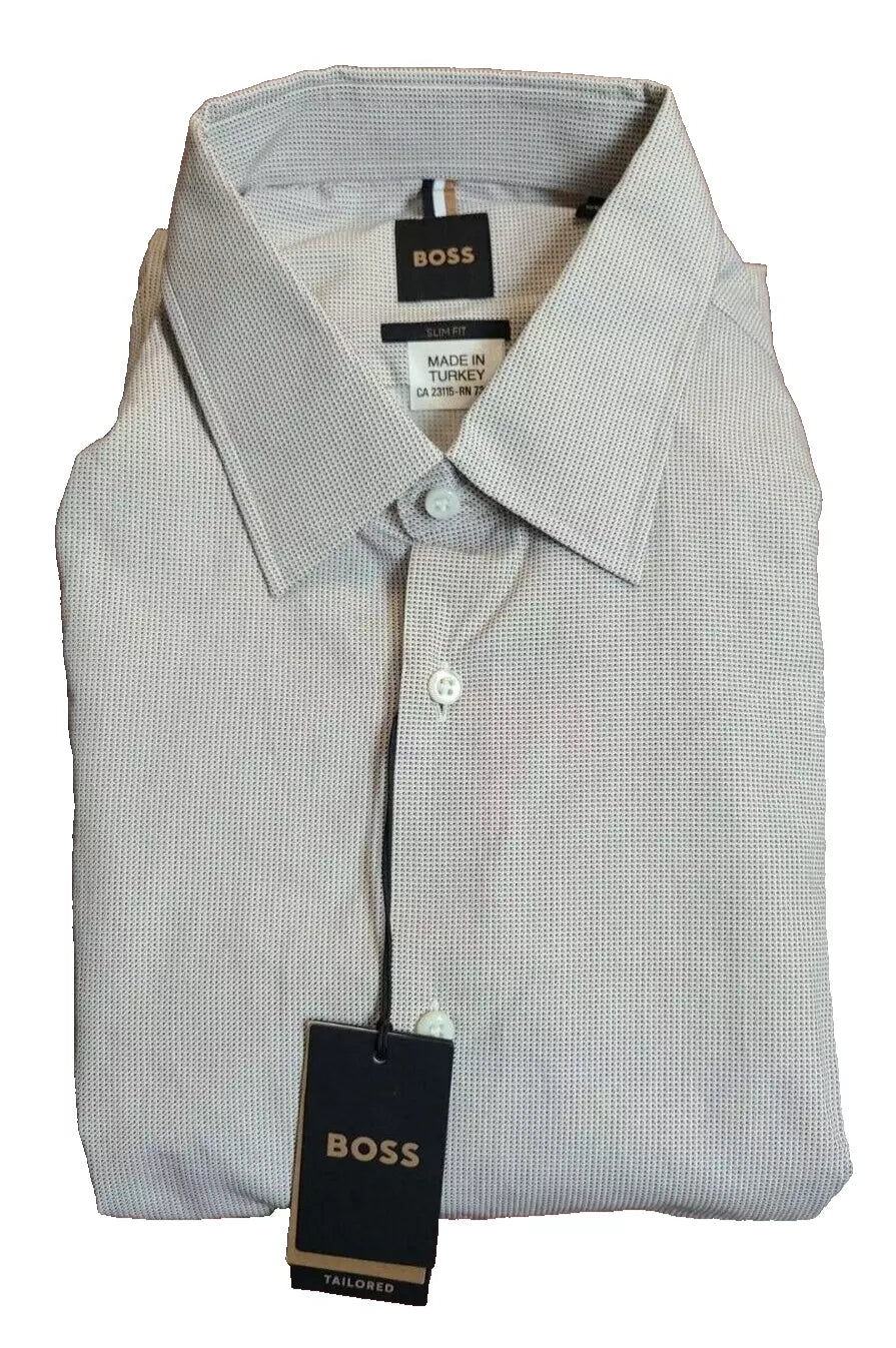 BOSS Tailored Long Sleeve Cotton Shirt Italian Fabric Patterned Slim -  M / 15.7