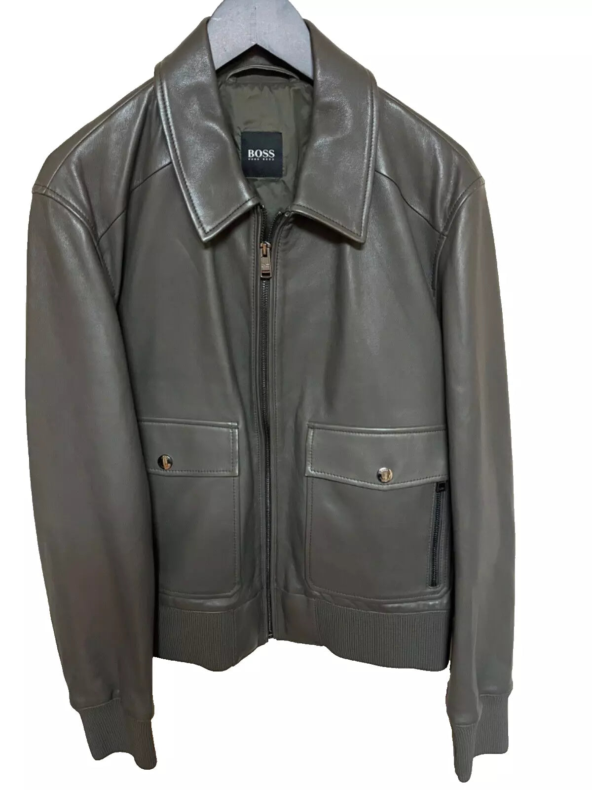 $645 - HUGO BOSS Gonel Leather Flight Jacket Ribbed Trims Regular Fit - Size 38R