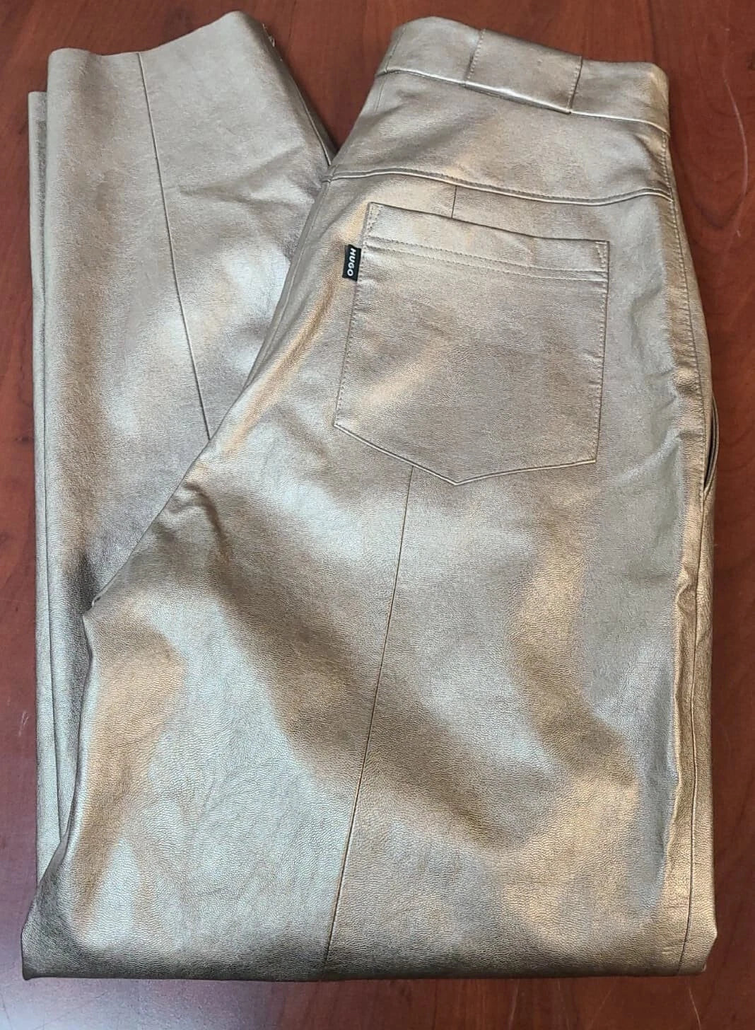 HUGO BOSS Tapered-Fit Trousers Gold-Tone Faux Leather Pants - Size 4 /26 - NWT