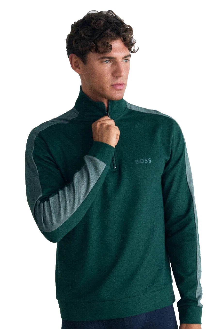 BOSS Quarter Zip Pullover Tracksuit Jacket Sweater with Logo in Green - Size M