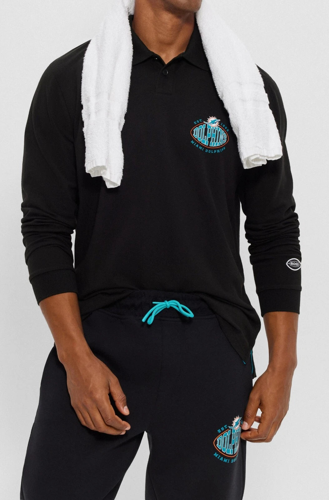 BOSS X NFL Sport Miami Dolphins Long Sleeve Cotton Polo Shirt in Black - Size M