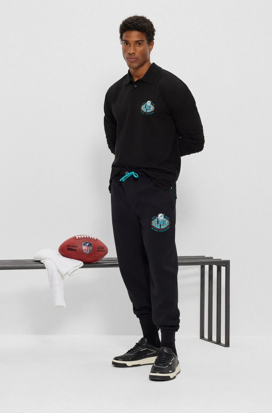 BOSS X NFL Sport Miami Dolphins Long Sleeve Cotton Polo Shirt in Black - Size M
