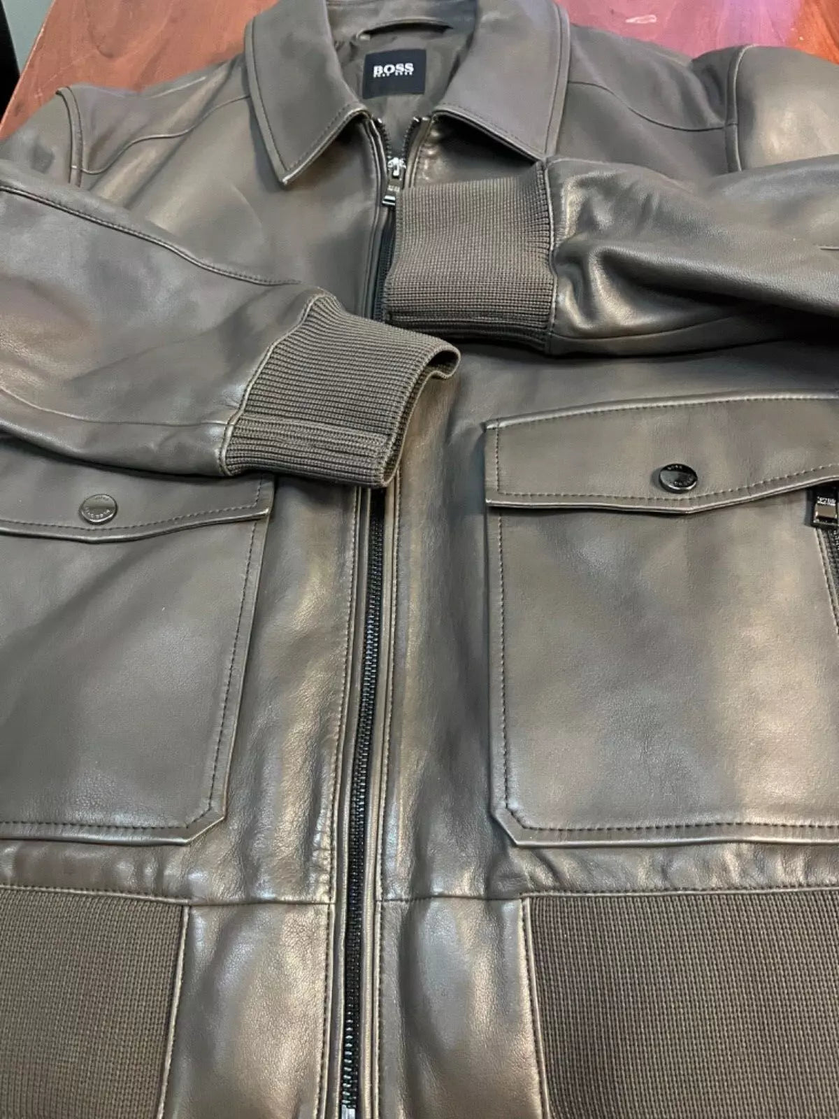 $645 - HUGO BOSS Gonel Leather Flight Jacket Ribbed Trims Regular Fit - Size 38R