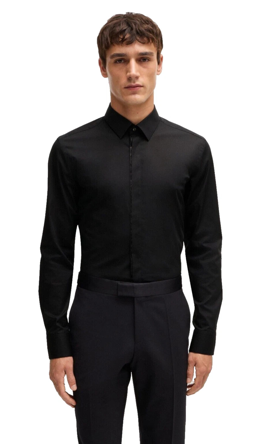 BOSS Slim Fit Black Party Dress Shirt Easy Iron Stretch Cotton - Size 15.7 / 40