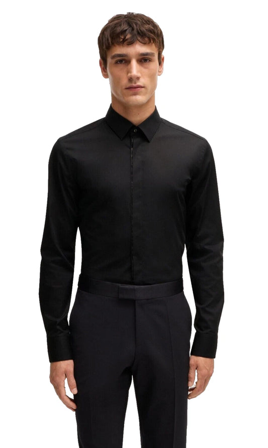 BOSS Slim Fit Black Party Dress Shirt Easy Iron Stretch Cotton - Size 15.7 / 40