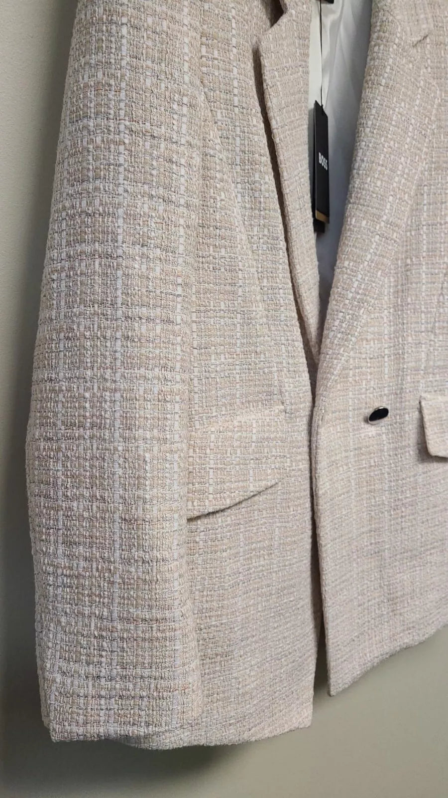 $645 BOSS Women Jacket Blazer in Tweed Beige Pattern Regular Fit - Size  4 / 26