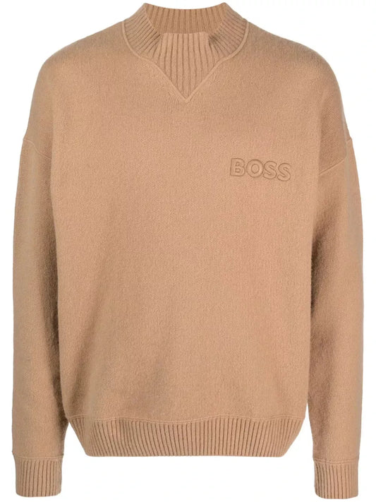 BOSS Mock Neckline Sweater Embroidered Logo in Virgin Wool Relaxed Fit - Size M