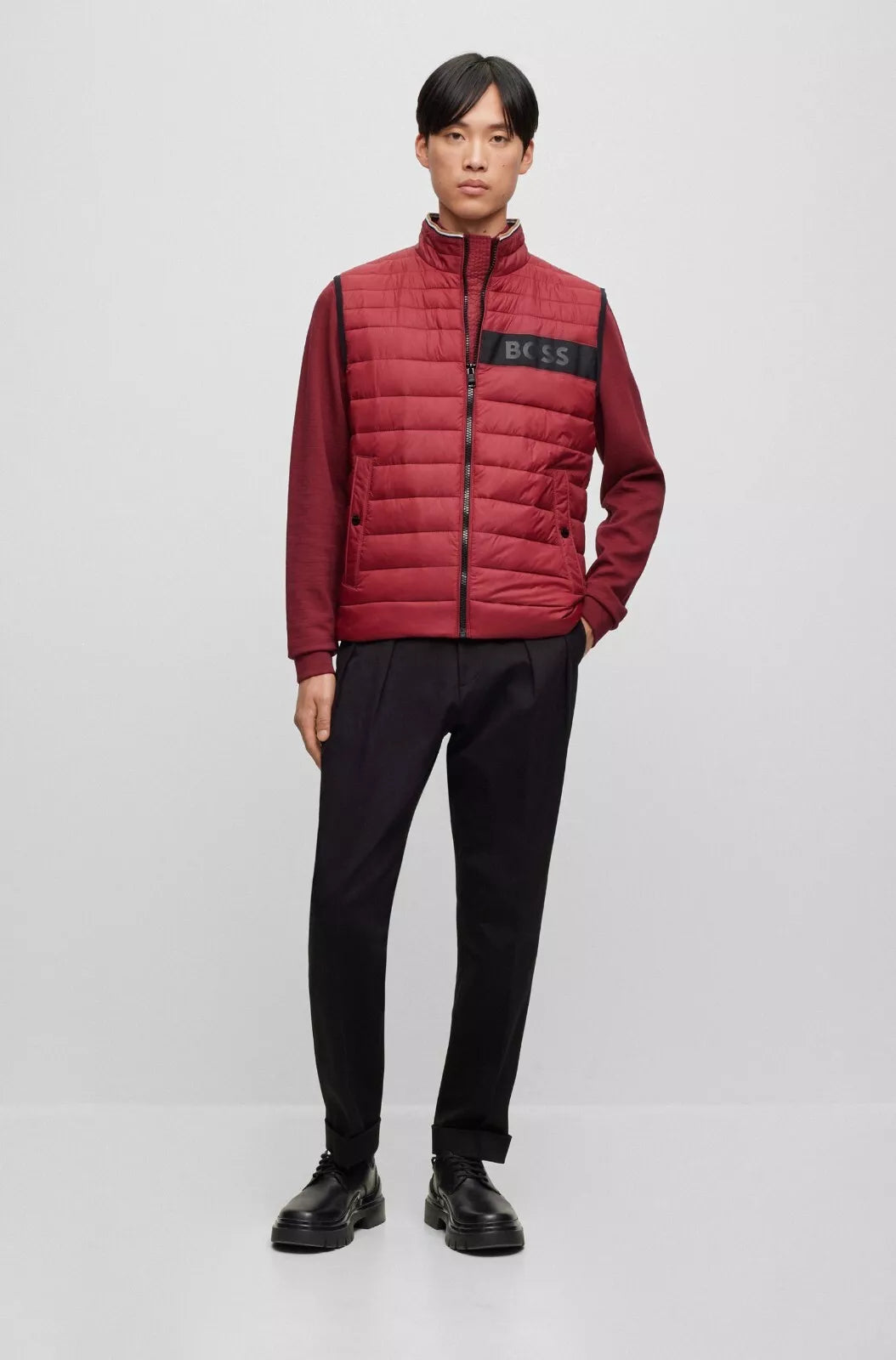 BOSS Water Repellent Gilet Vest with 3D-Logo Tape Dark Red - Size 40R
