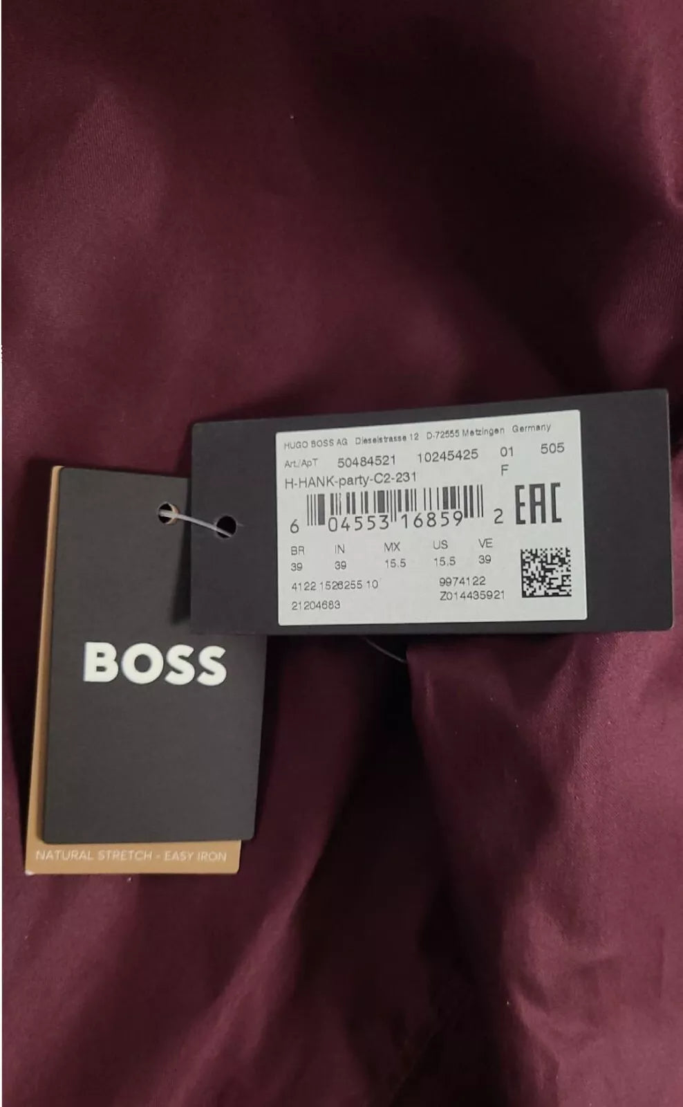 BOSS HANK Slim-Fit Dress Shirt Easy-Iron Stretch Cotton Poplin - Size 15.5 / 39