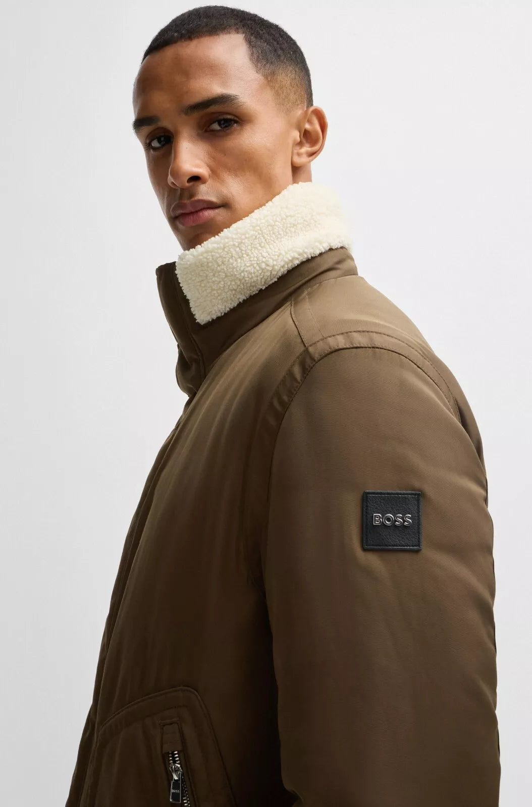 $645 BOSS Water Repellent Jacket Faux-Fur Collar Shoulder Logo Regular Fit - 40R
