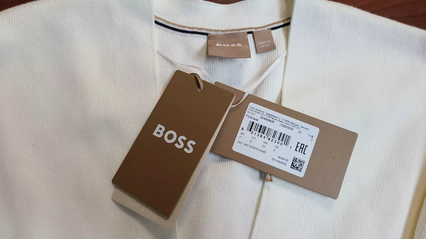 BOSS V-Neck Sweater Puff Sleeves Back Logo in White Regular Fit - Size S  / CH