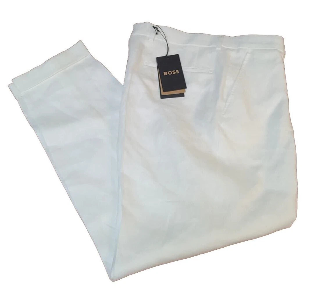 BOSS Luxury Pleated Chinos Pants in White Pure Linen Regular Fit - Size 32R