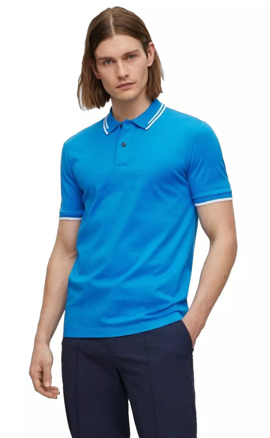 BOSS Phillipson Cotton Polo Shirt with Jacquard Stripes Slim Fit Blue - Size M