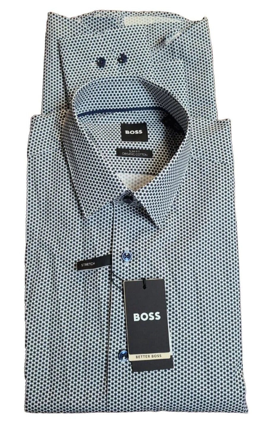 BOSS Hank Dress Shirt in Stretch Printed Organic Cotton Slim Fit - Size 15 / 38