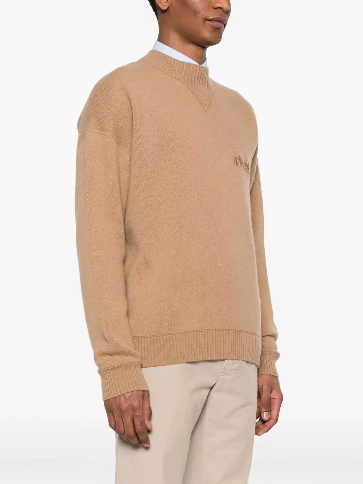 BOSS Mock Neckline Sweater Embroidered Logo in Virgin Wool Relaxed Fit - Size M