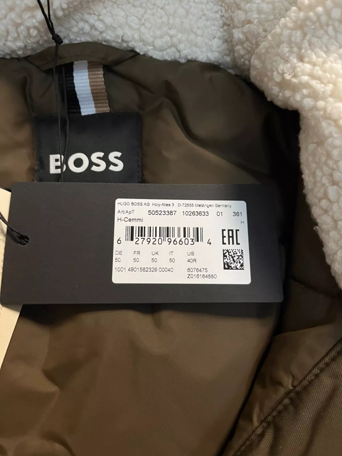 $645 BOSS Water Repellent Jacket Faux-Fur Collar Shoulder Logo Regular Fit - 40R
