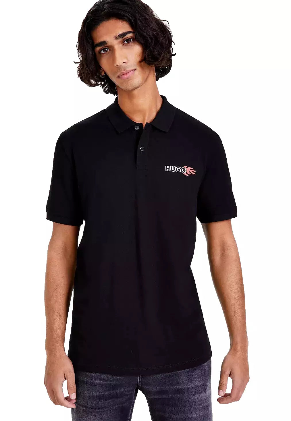 HUGO BOSS Cotton Polo Shirt with Fire Logo in Black - Size M