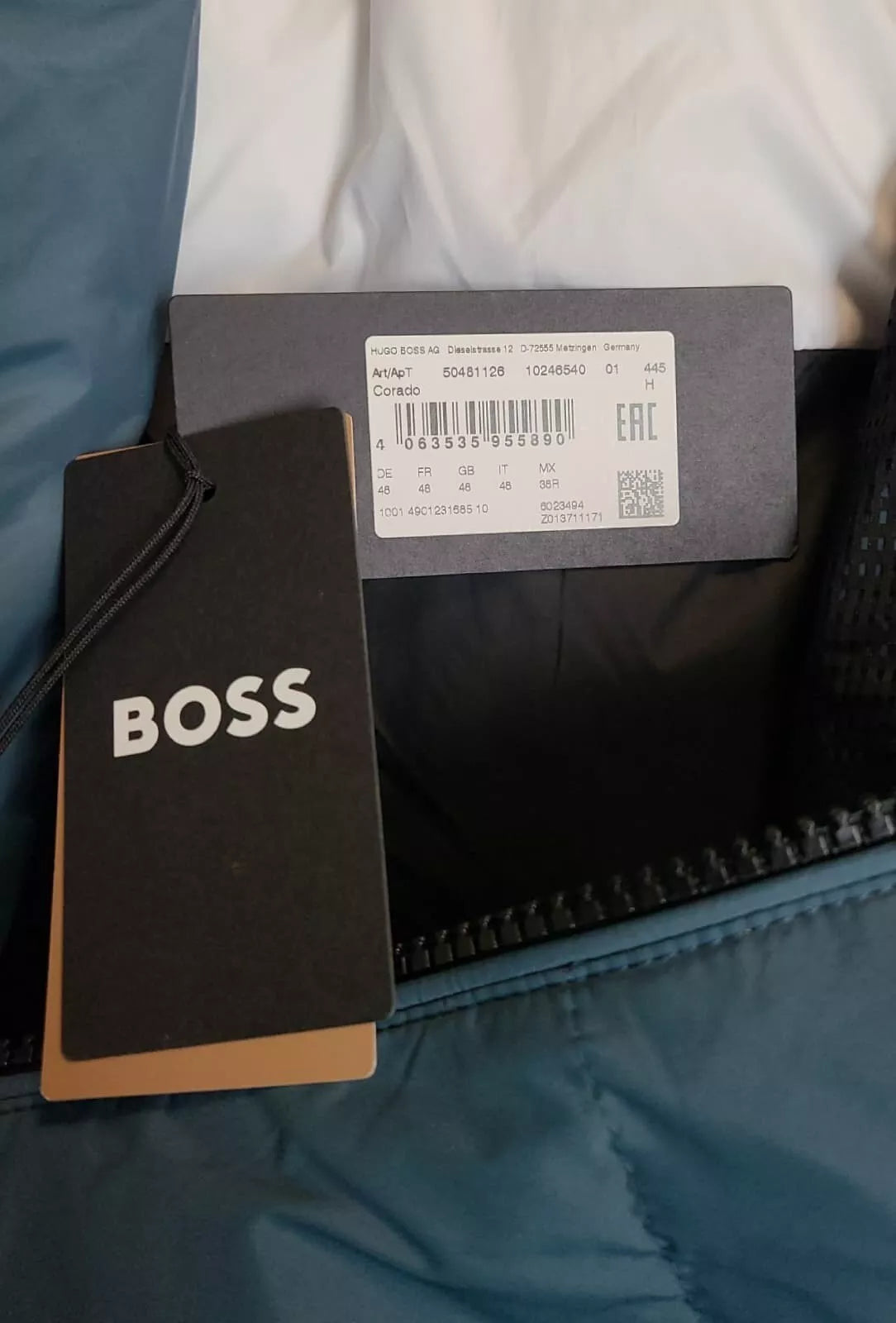 $595 - BOSS Corado Water Repellent Hooded Jacket Regular Fit in Teal - Size 38R