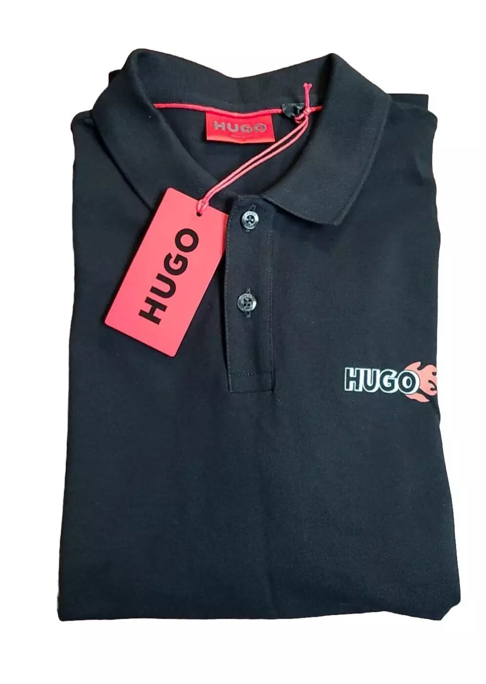HUGO BOSS Cotton Polo Shirt with Fire Logo in Black - Size M