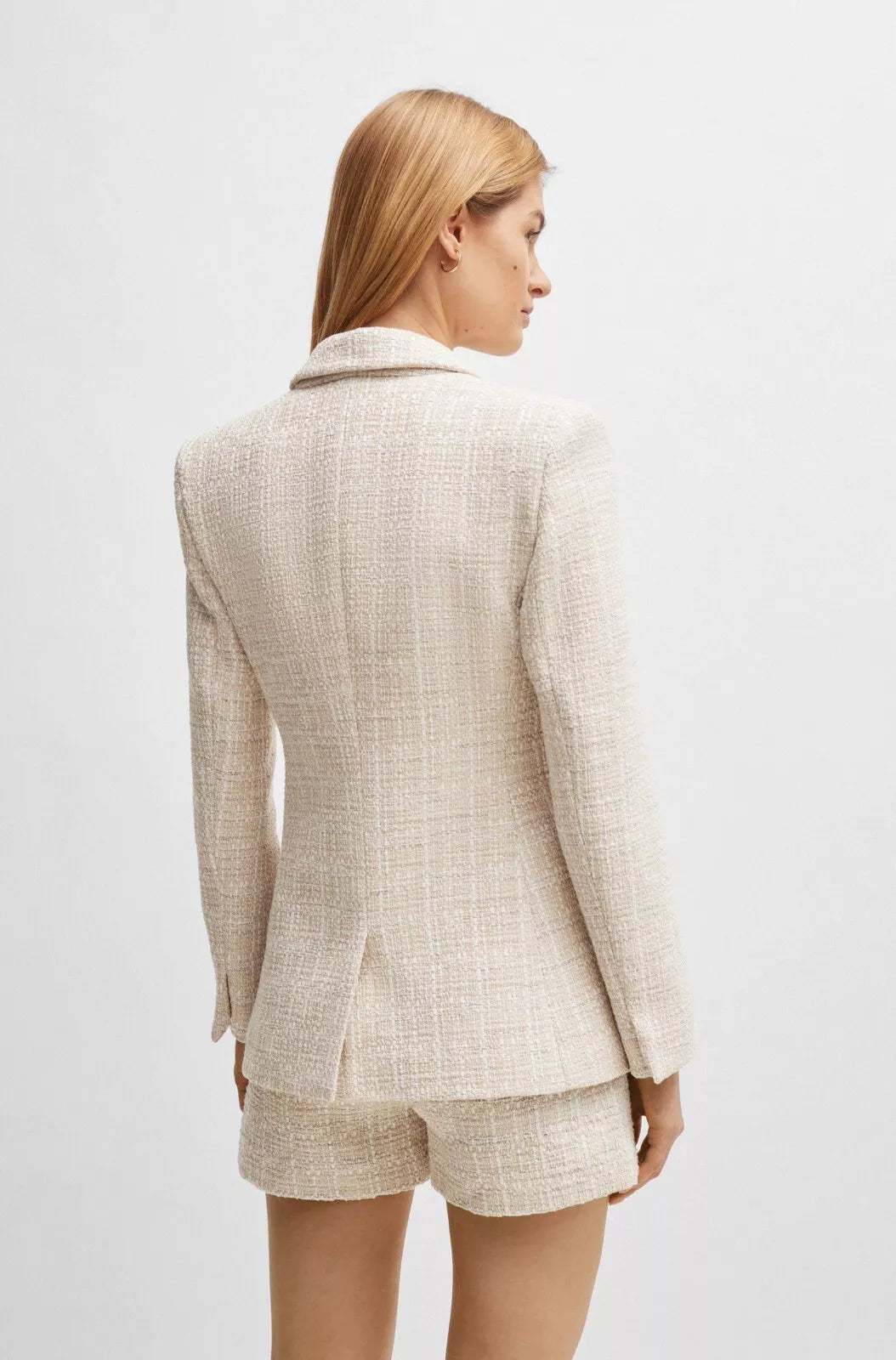 $645 BOSS Women Regular Fit Jacket Blazer in Tweed Beige Pattern - Size  4 / 26