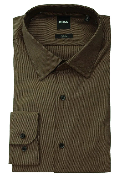 BOSS Slim Fit Dress Shirt Easy Iron Stretch Cotton Twill Brown - Size 15.7 / 40