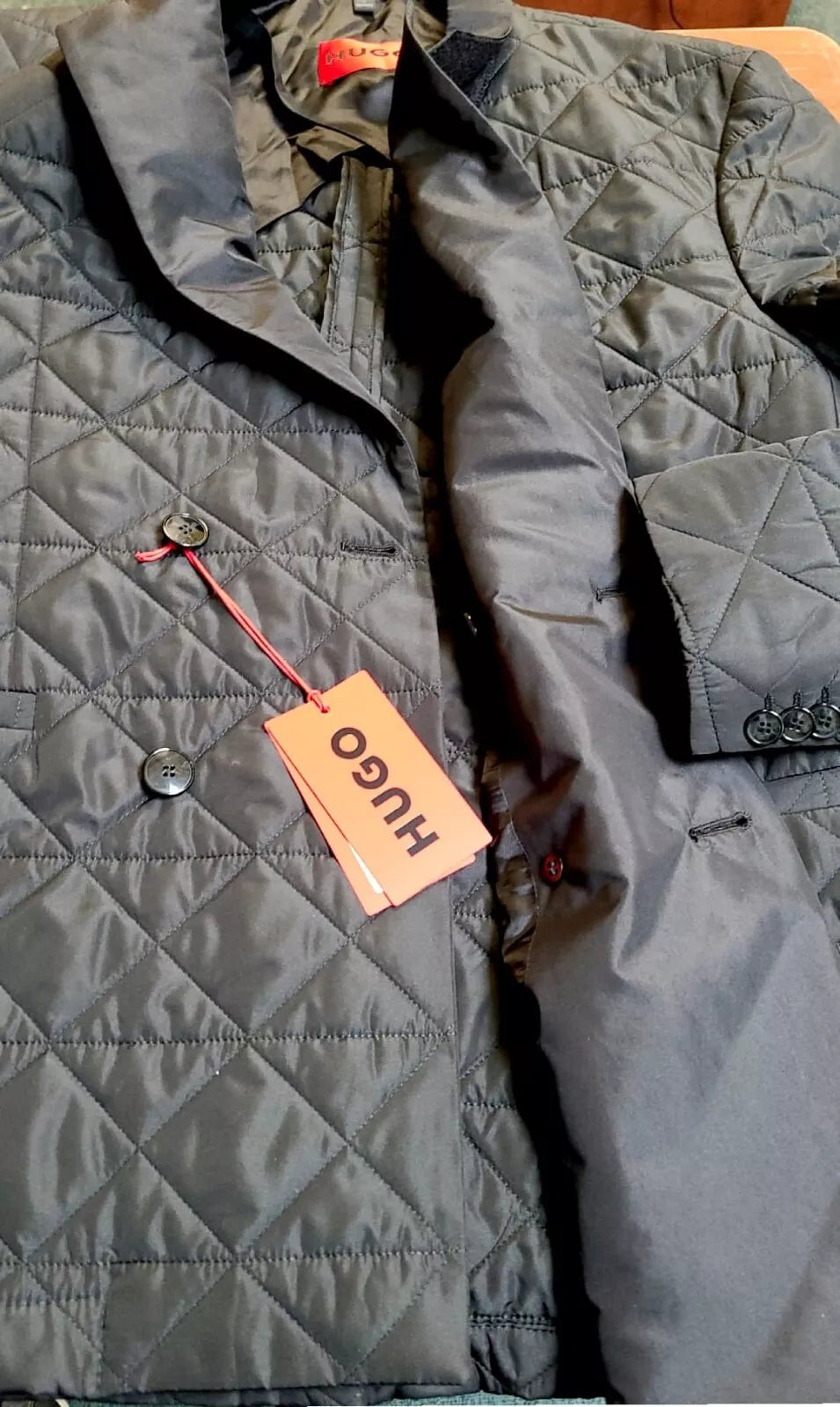 HUGO BOSS Double Breasted Coat Water Repellent Quilted Black Jacket Regular -38R