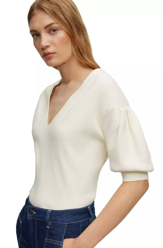 BOSS V-Neck Sweater Puff Sleeves Back Logo in White Regular Fit - Size S  / CH