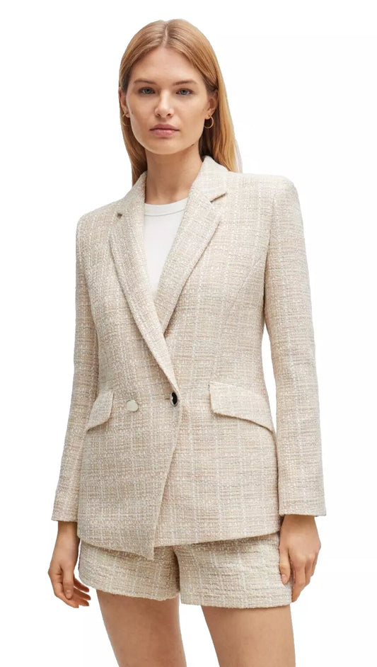 $645 BOSS Women Regular Fit Jacket Blazer in Tweed Beige Pattern - Size  4 / 26