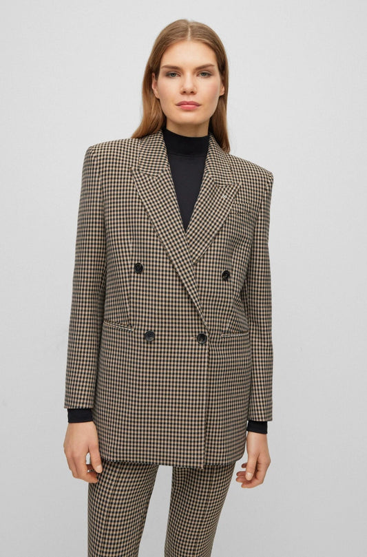 BOSS Women Double Breasted Jacket Houndstooth Stretch Relaxed Fit - Size  4 / 26