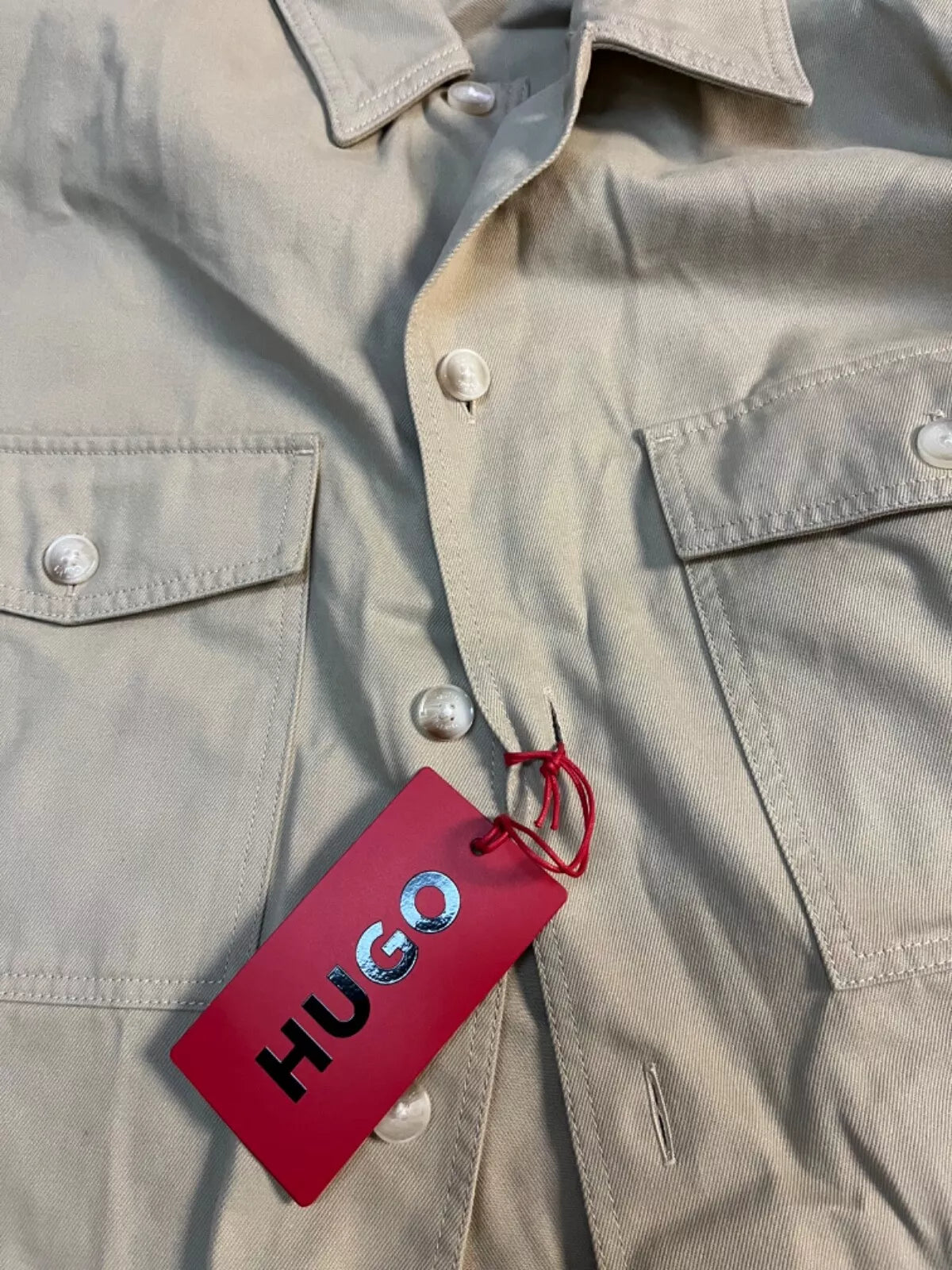 HUGO BOSS Casual Cotton Shirt Overshirt Logo Label Oversized Fit Beige - Size M