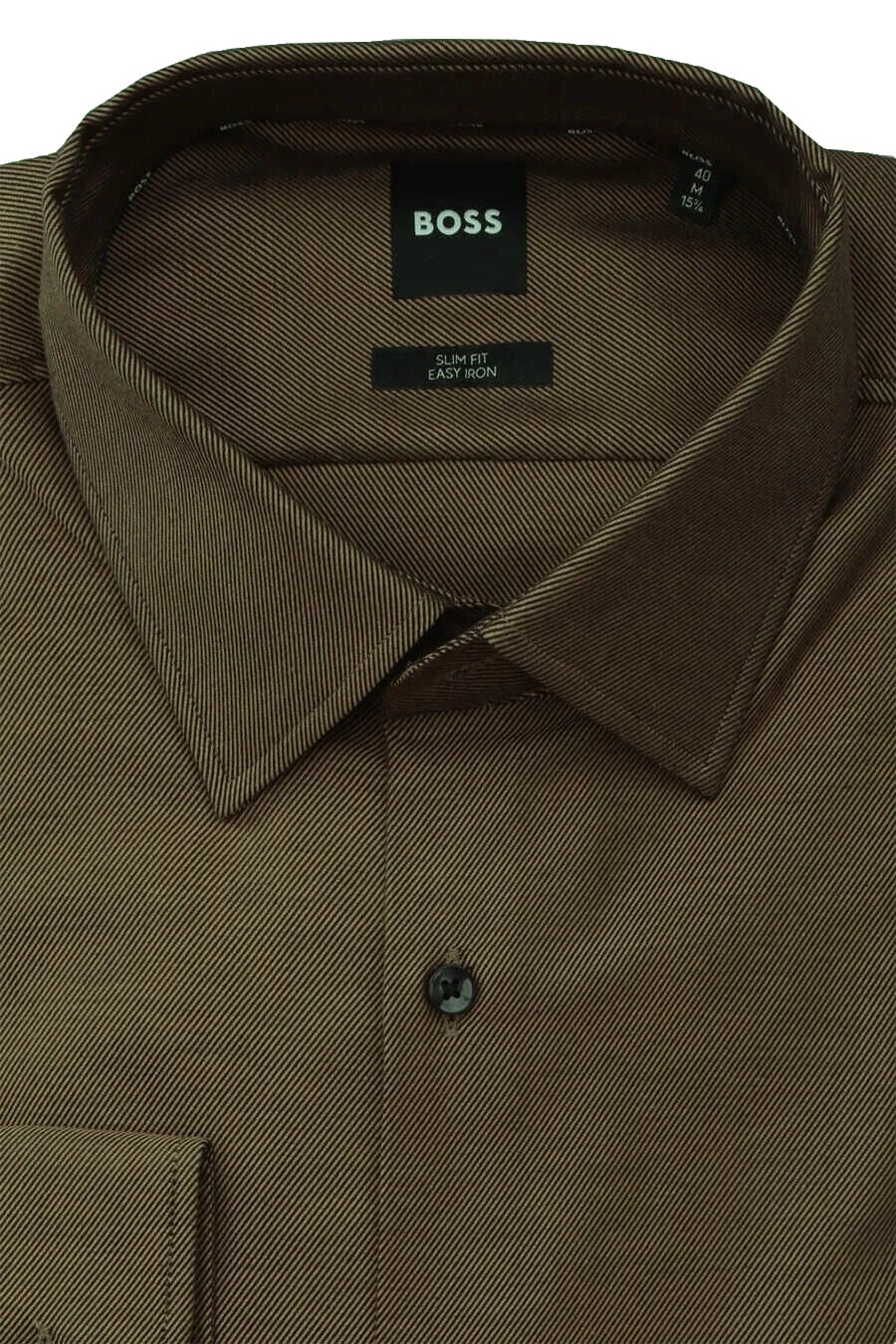 BOSS Slim Fit Dress Shirt Easy Iron Stretch Cotton Twill Brown - Size 15.7 / 40