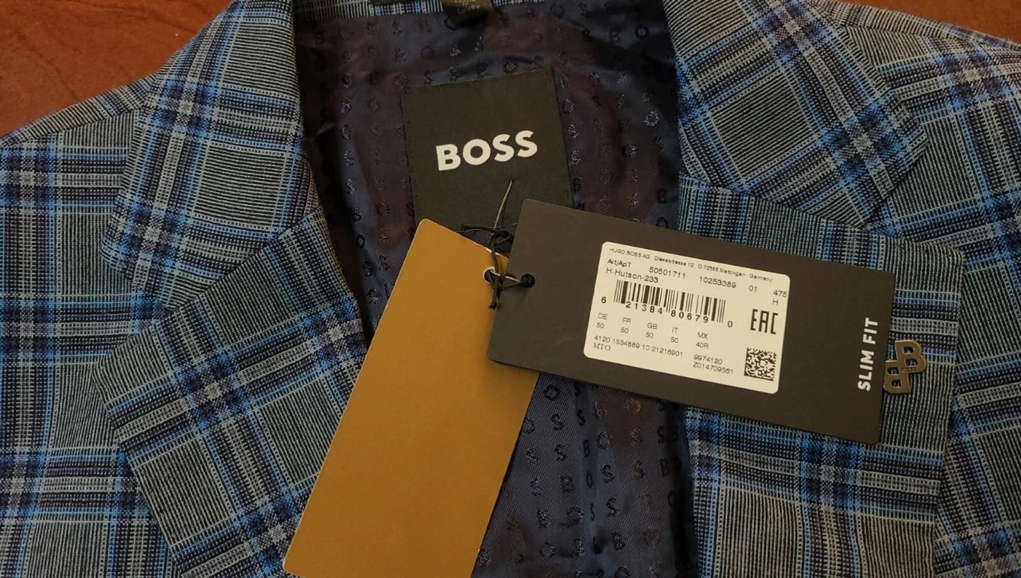 $645 - BOSS Slim Fit Sport Jacket Checked Blazer Stretch Wool Blend - Size 40R