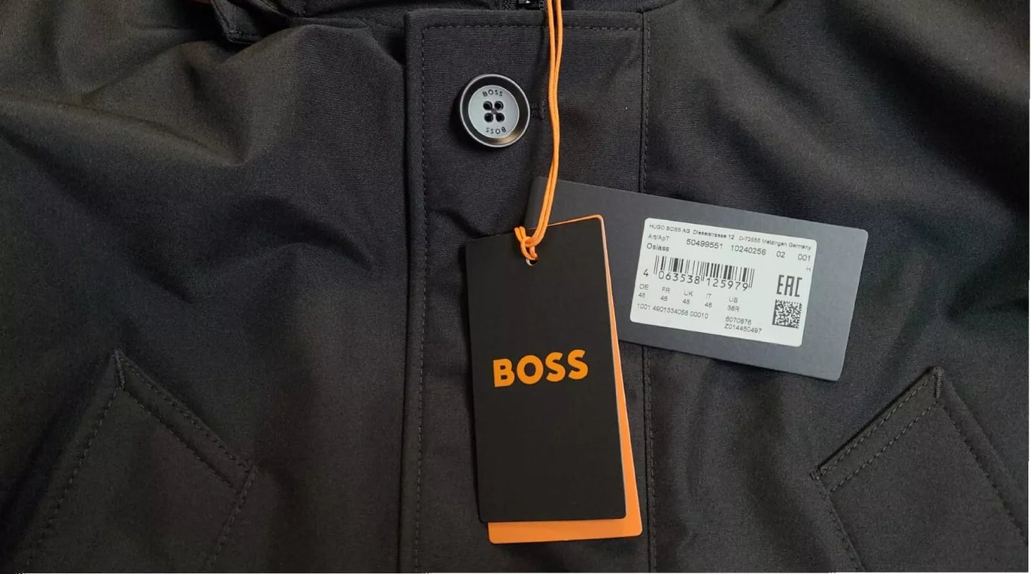 BOSS Water Repellent Jacket Parka Removable Hood Relaxed Fit in Black - Size 38R