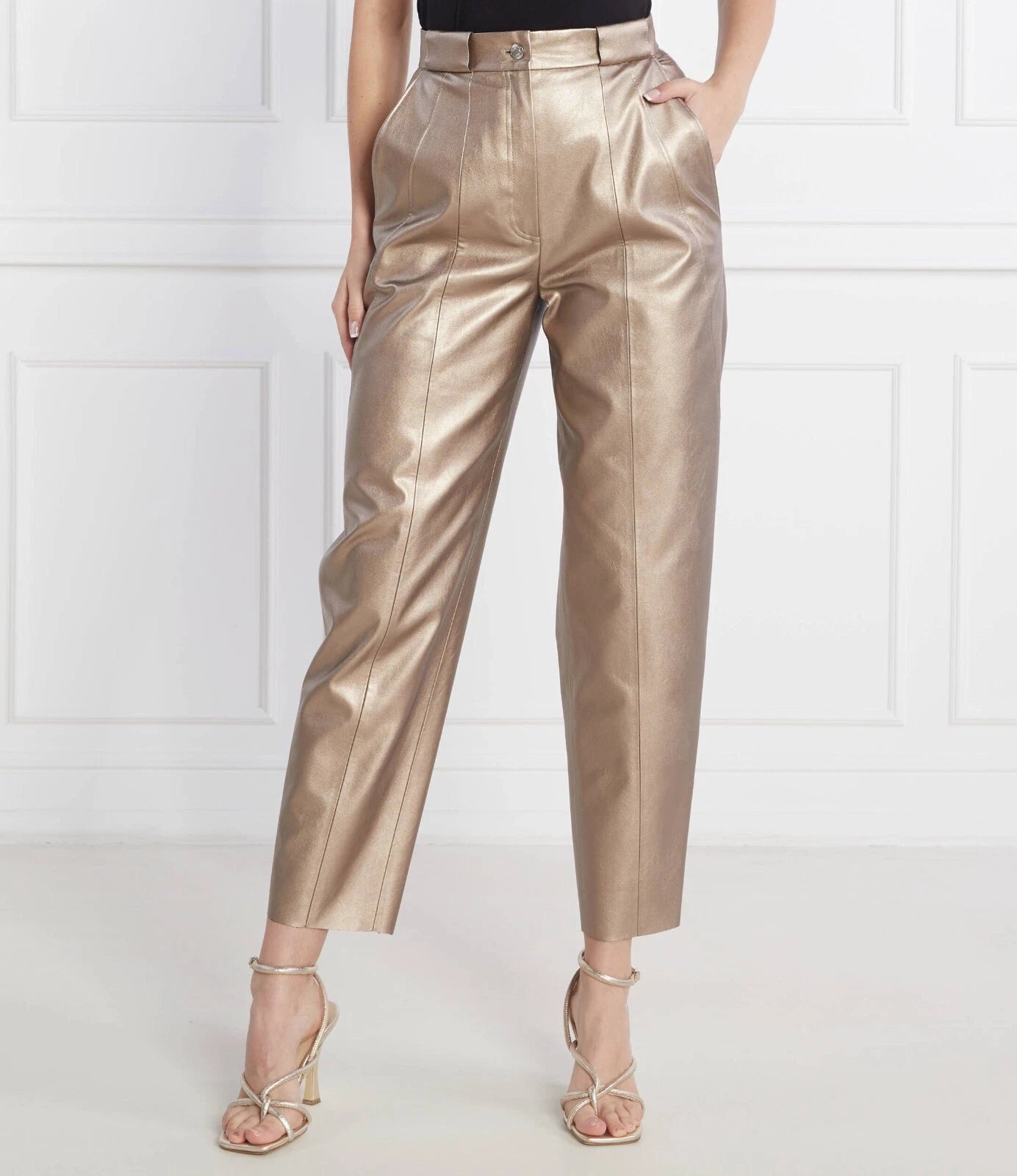 HUGO BOSS Tapered-Fit Trousers Gold-Tone Faux Leather Pants - Size 4 /26 - NWT