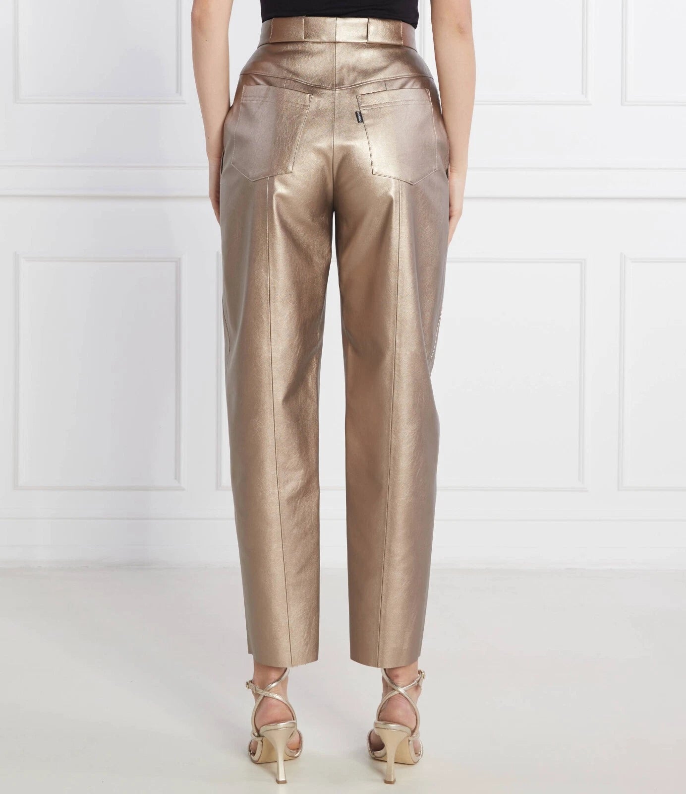 HUGO BOSS Tapered-Fit Trousers Gold-Tone Faux Leather Pants - Size 4 /26 - NWT