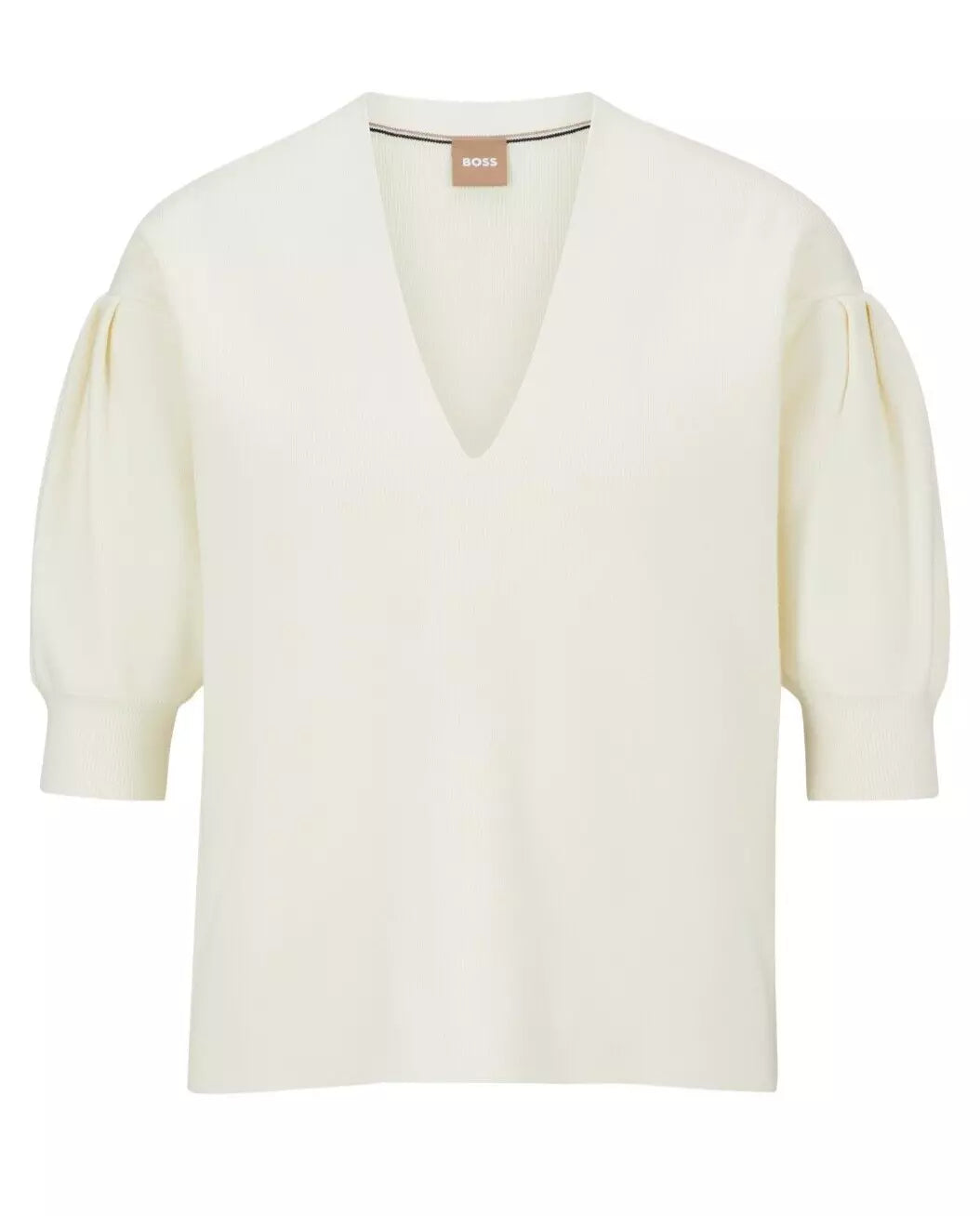 BOSS V-Neck Sweater Puff Sleeves Back Logo in White Regular Fit - Size S  / CH
