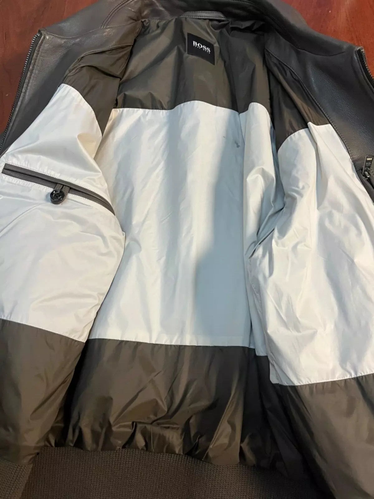 $645 - HUGO BOSS Gonel Leather Flight Jacket Ribbed Trims Regular Fit - Size 38R