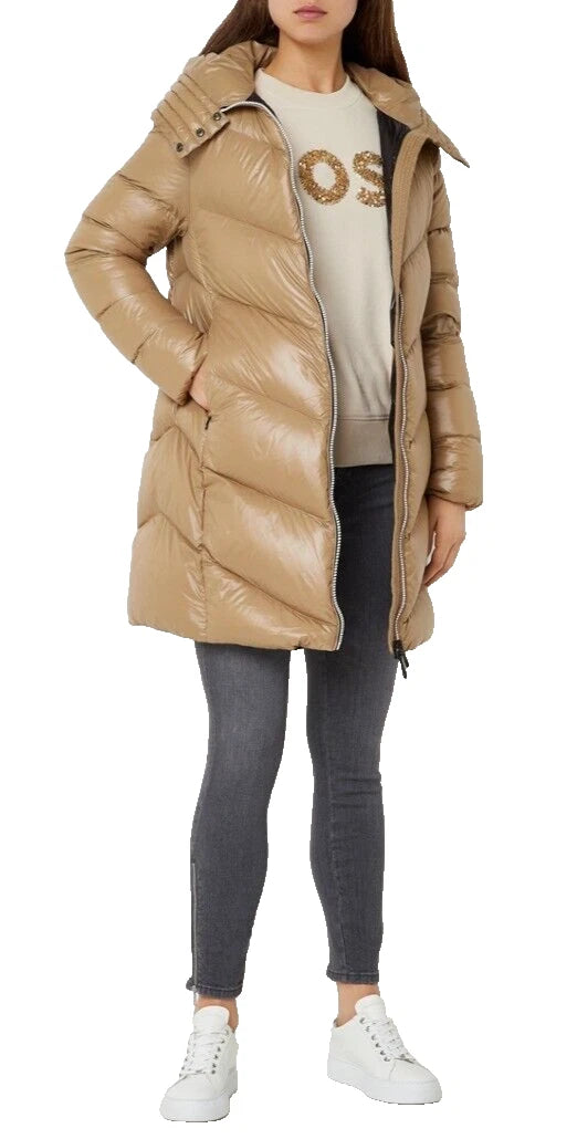 $595 - BOSS Petrana Real Down Quilted Long Jacket Parka with Hood - Size 4 / 26