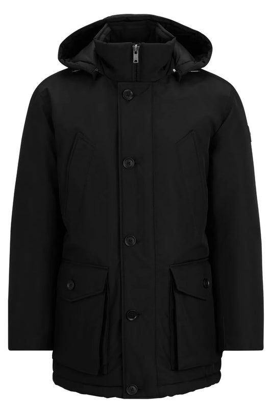 BOSS Water Repellent Jacket Parka Removable Hood Relaxed Fit in Black - Size 38R