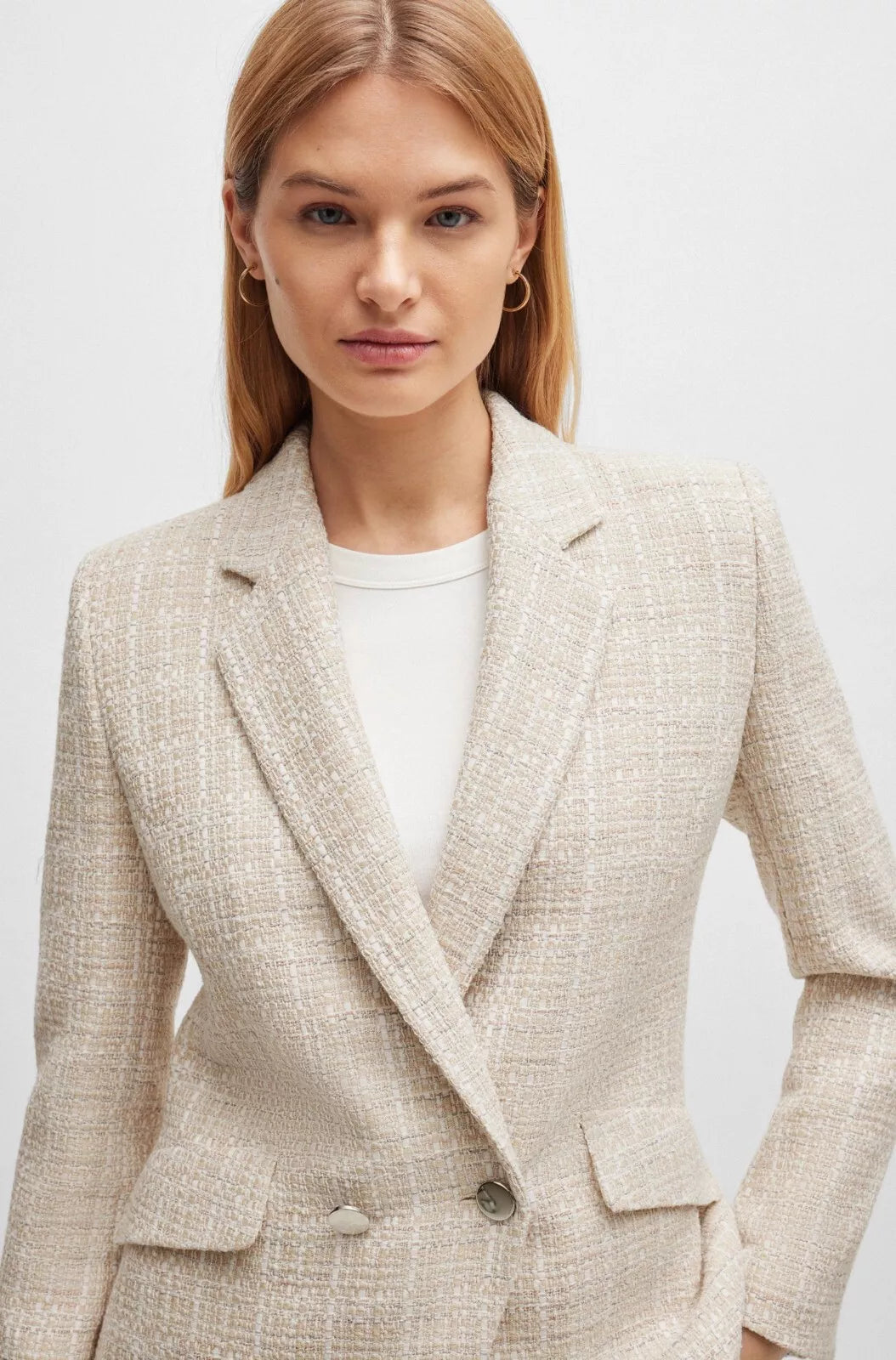 $645 BOSS Women Jacket Blazer in Tweed Beige Pattern Regular Fit - Size  4 / 26