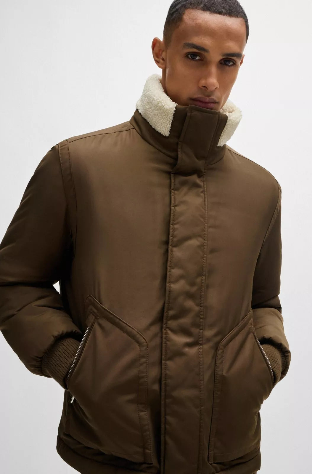 $645 BOSS Water Repellent Jacket Faux-Fur Collar Shoulder Logo Regular Fit - 40R