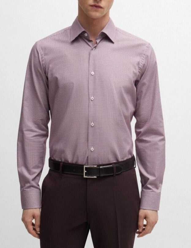 BOSS Hank Dress Shirt in Stretch Cotton Micro Pattern Red Slim Fit - 15.5 / 39