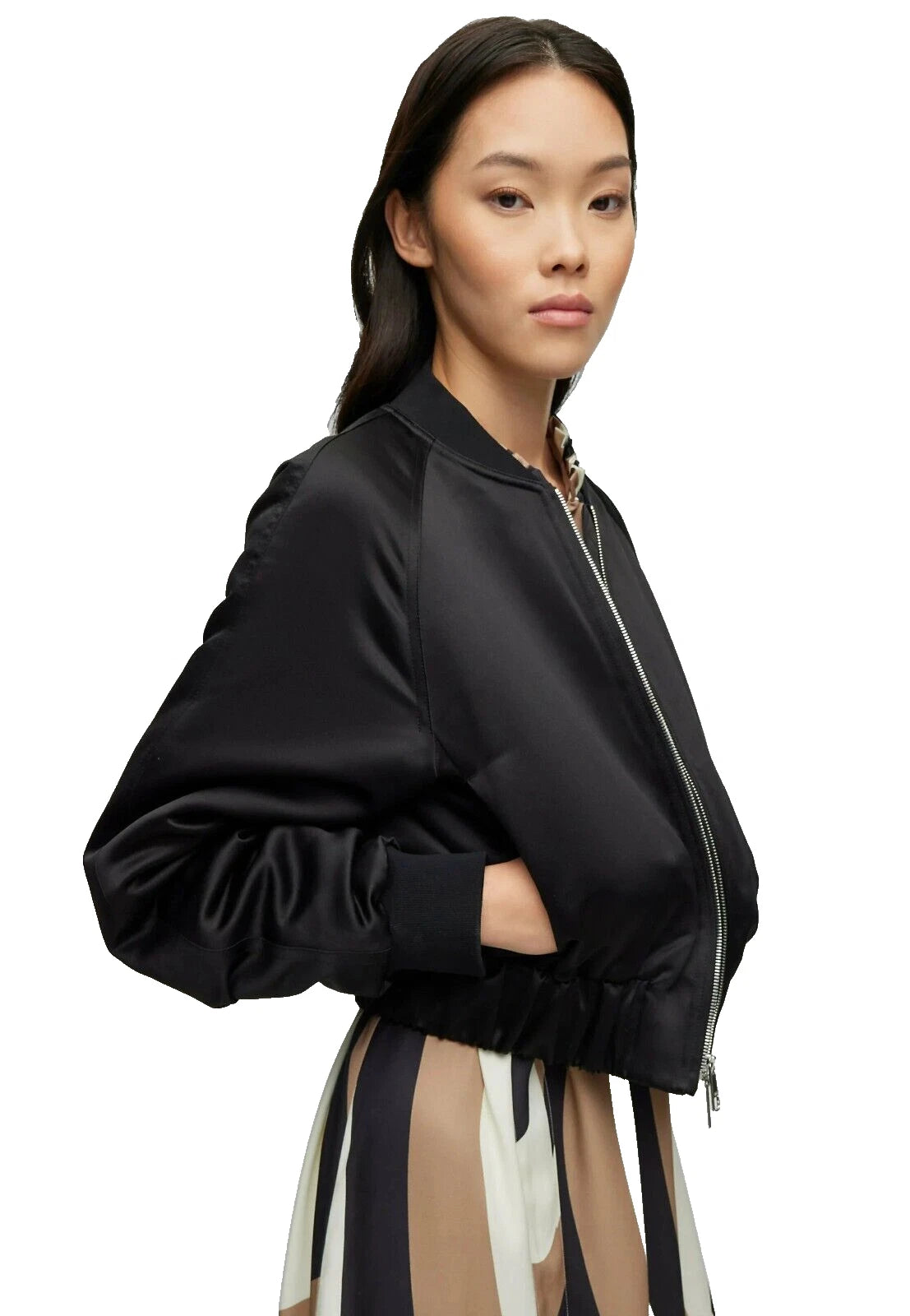 BOSS Women PANDELLA  Black Satin Bomber Jacket Relaxed Fit - Size 4 / 26